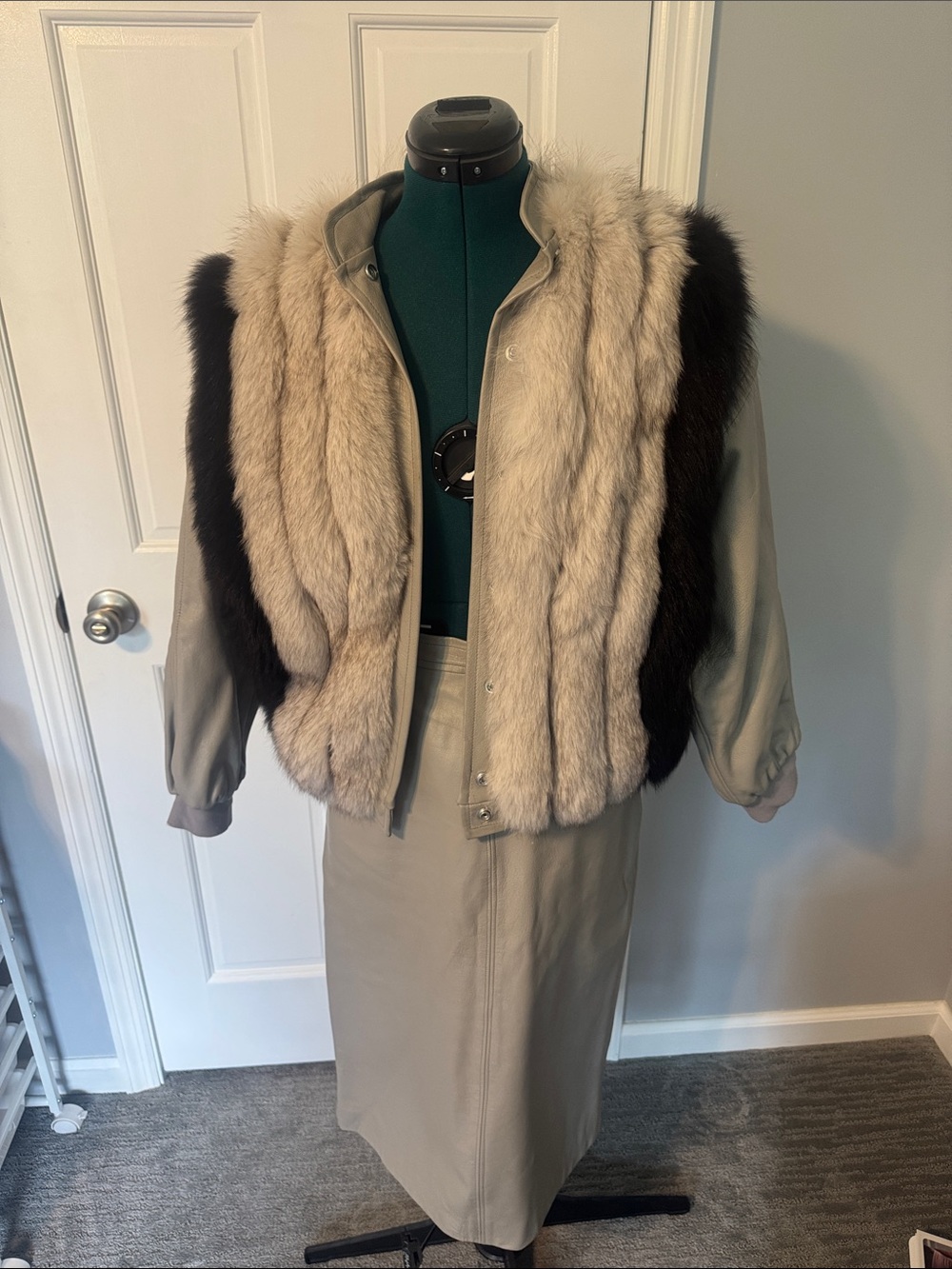 Fox Fur-Trim Leather Bomber Jacket and Leather Skirt *Damaged*